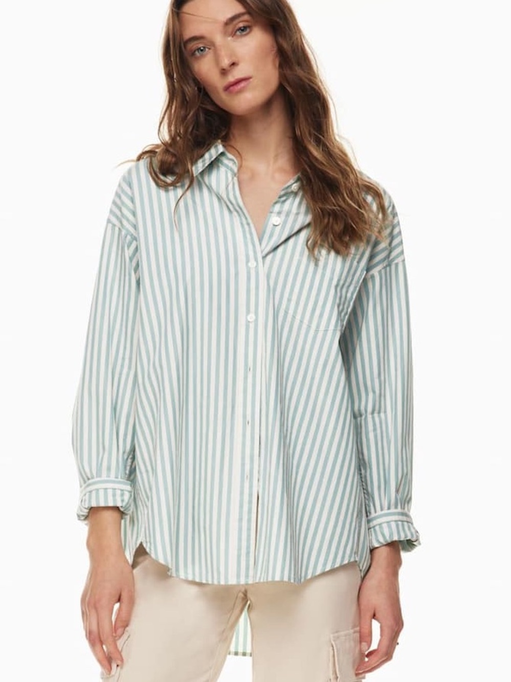 Aritzia Wilfred Green Cream Striped Print Relaxed Poplin Button Down Shirt - XS